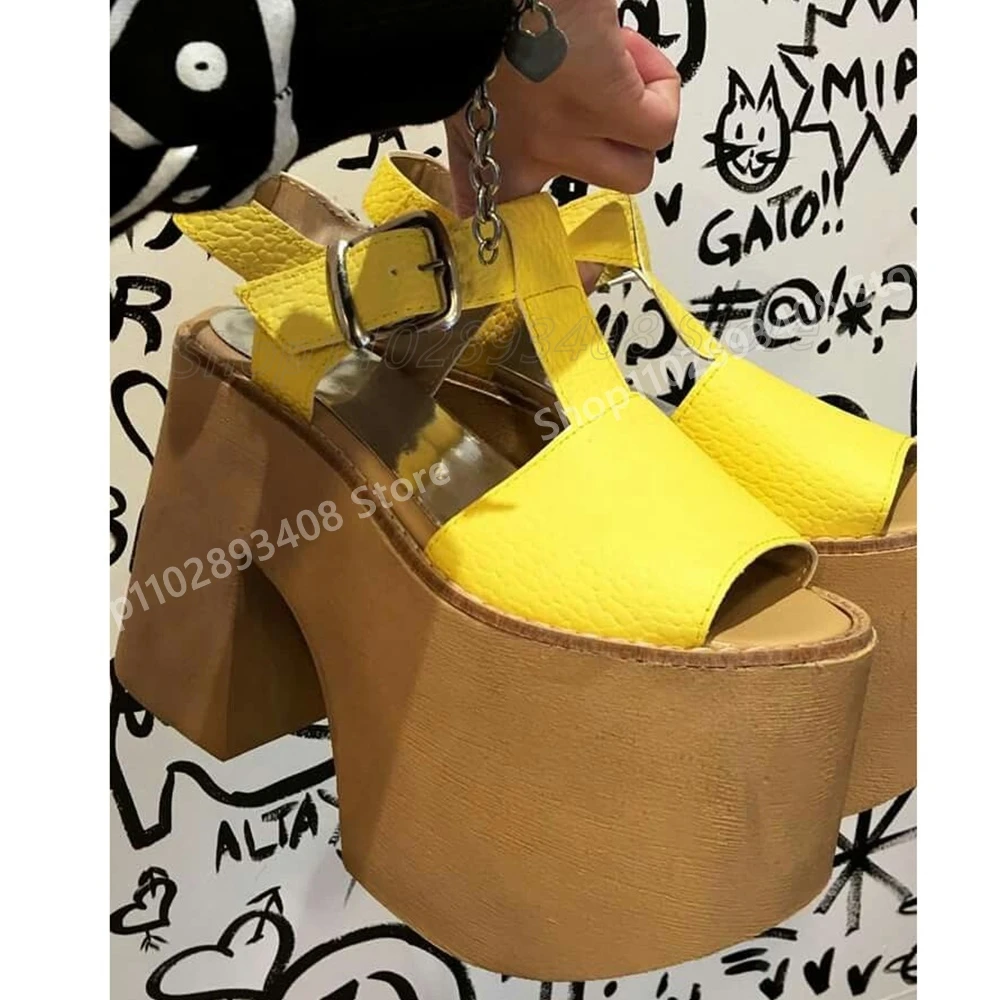 

Yelllow T Strap Peep Toe Slipprs Matte Leather Thickness Chunky Heel Slingback Hot Girls 2025 Women Shoes Summer Para Mujere
