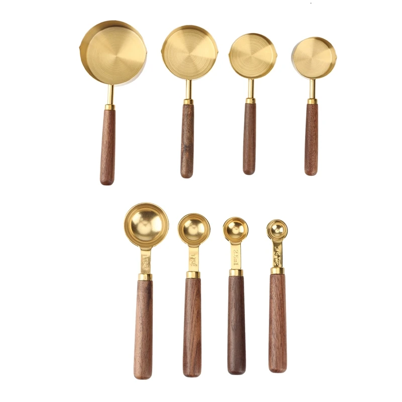 Walnut Wooden Handle Plated Gold Measuring Spoon Cups Kitchen Baking Supplies Bartending Measuring Tools Kitchen Set