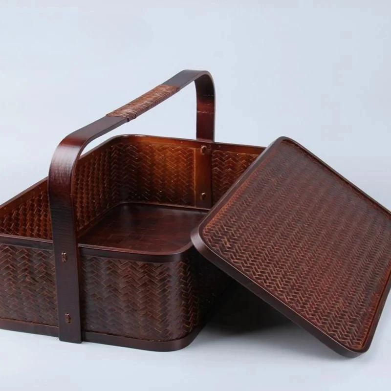 Outdoor Bamboo Storage Box Portable Basket for Teacup Dessert PicnicTravel Handmade Retro Design Practical Travel Companion