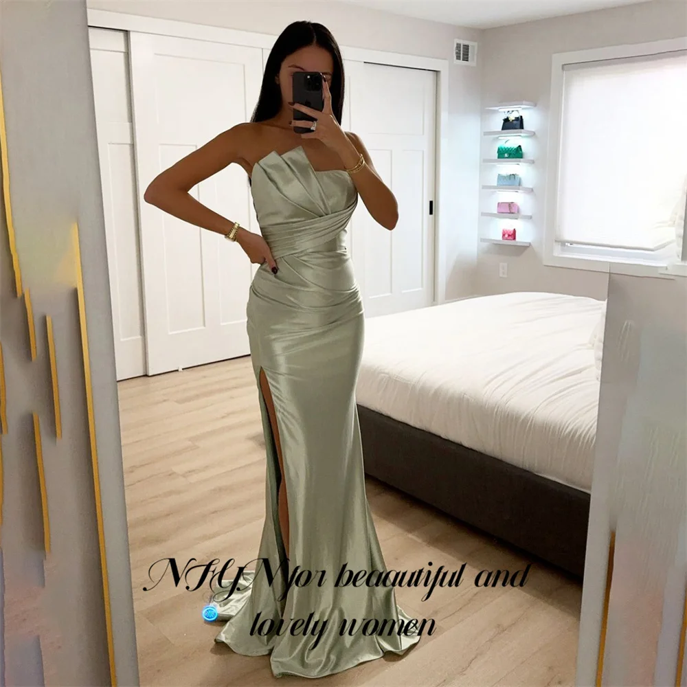 

NFYN Mint Green Mermaid Prom Dress Strapless Prom Gown Long Stain Pleat Evening Dresses with Slit Formal Dresses Customized