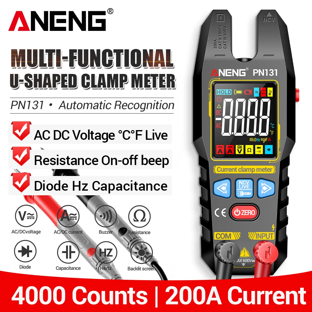 ANENG PN131 Zangenmultimeter, wiederaufladbar, 4000 Messungen, automatische Bereichswahl, AC/DC-Spannung, Strom, NCV, Widerstand, Elektriker-Messgerät