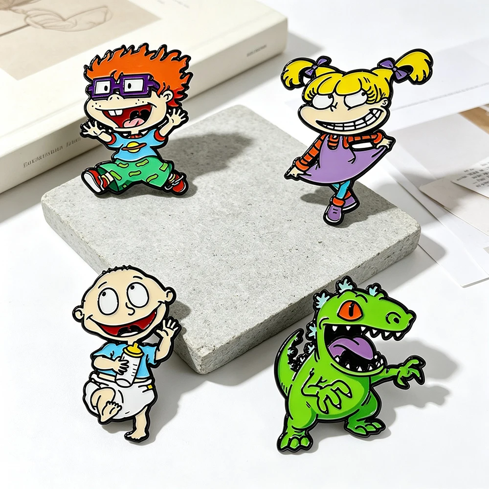 4‑Piece Retro Cartoon Enamel Pins Set, Funny Dinosaur & Classic Animation Character Lapel Brooches Collectible Badges for Fans
