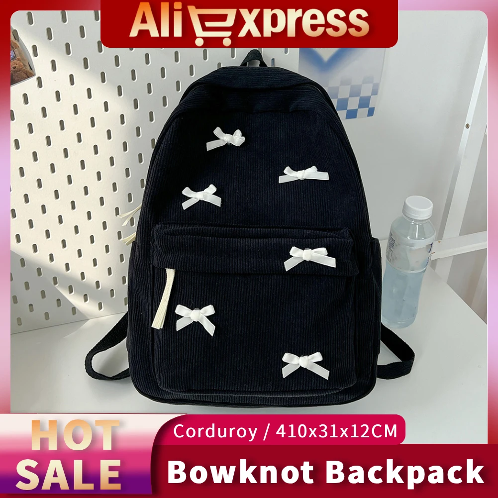 

1Pcs Cute Bowknot School Backpack Corduroy Casual Travel Daypack Lightweight School Bag for Girls Women High School College Work
