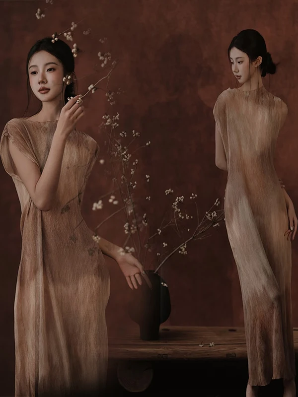 New Chinese Style Gradient Long Sleeveless Dress Women's Fashionable Slimming Gown Vintage Style Photography Costume