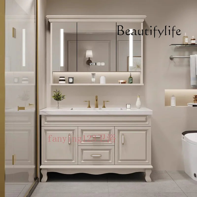 BJ American Bathroom Cabinet Combination Oak Double Basin Cream Wind Bathroom Rock Slab Washstand Hand Washbasin Floor Cabinet
