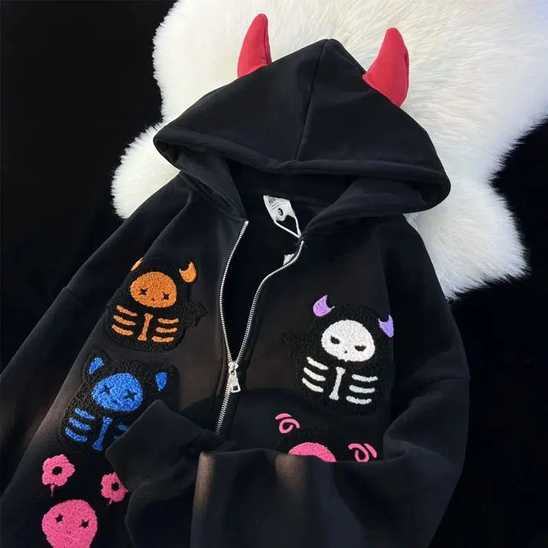 Harajuku Little Demon Hoodies Women Devil Horn Design Sweater Student Top Goth Sweatshirt High Street Zip Up Hoodie Y2k Clothes