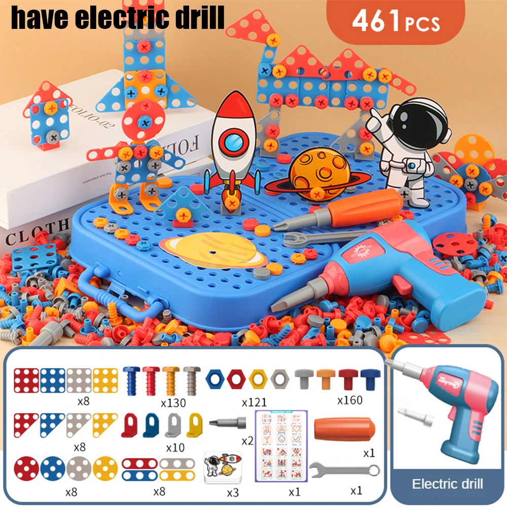 Giocattoli per bambini Set di strumenti Trapano elettrico Vite Dado Puzzle 3D Giocattoli Giochi di imitazione Cassetta degli attrezzi di riparazione Assemblaggio di perforazione Giocattoli educativi