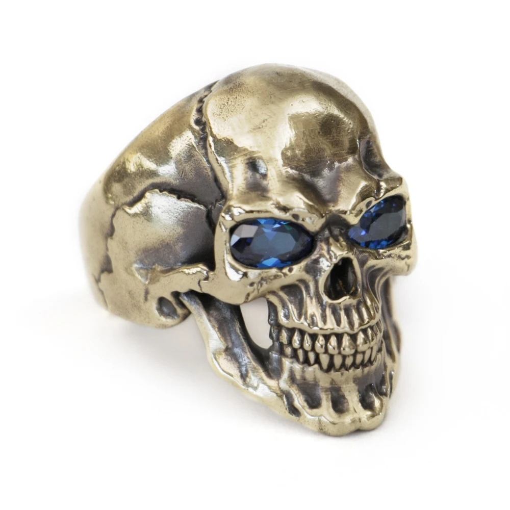 Blue CZ Eyes Details Brass Smile Skull Ring Punk Jewelry BR464 US Size 8~15