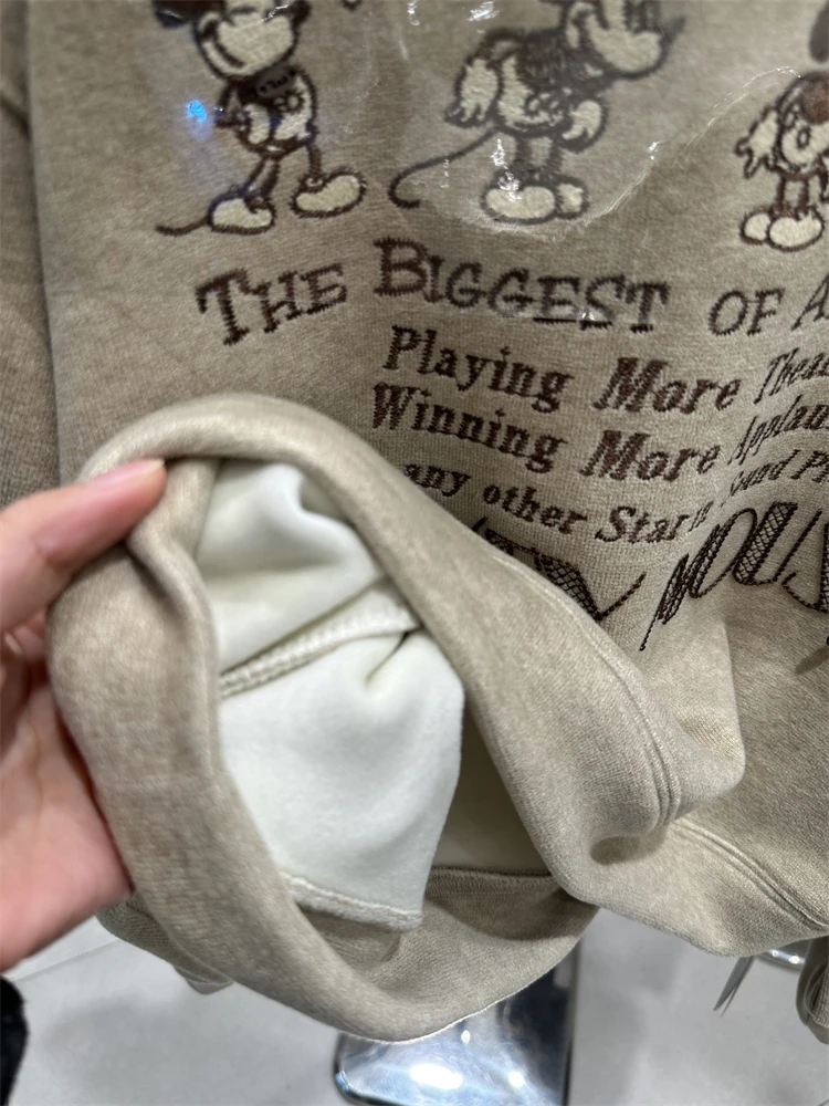 トレンディなカラーブロック折り返し襟女性プルオーバートップかわいいミッキー刺繍カジュアル学生パーカー厚いベルベットスウェットシャツ