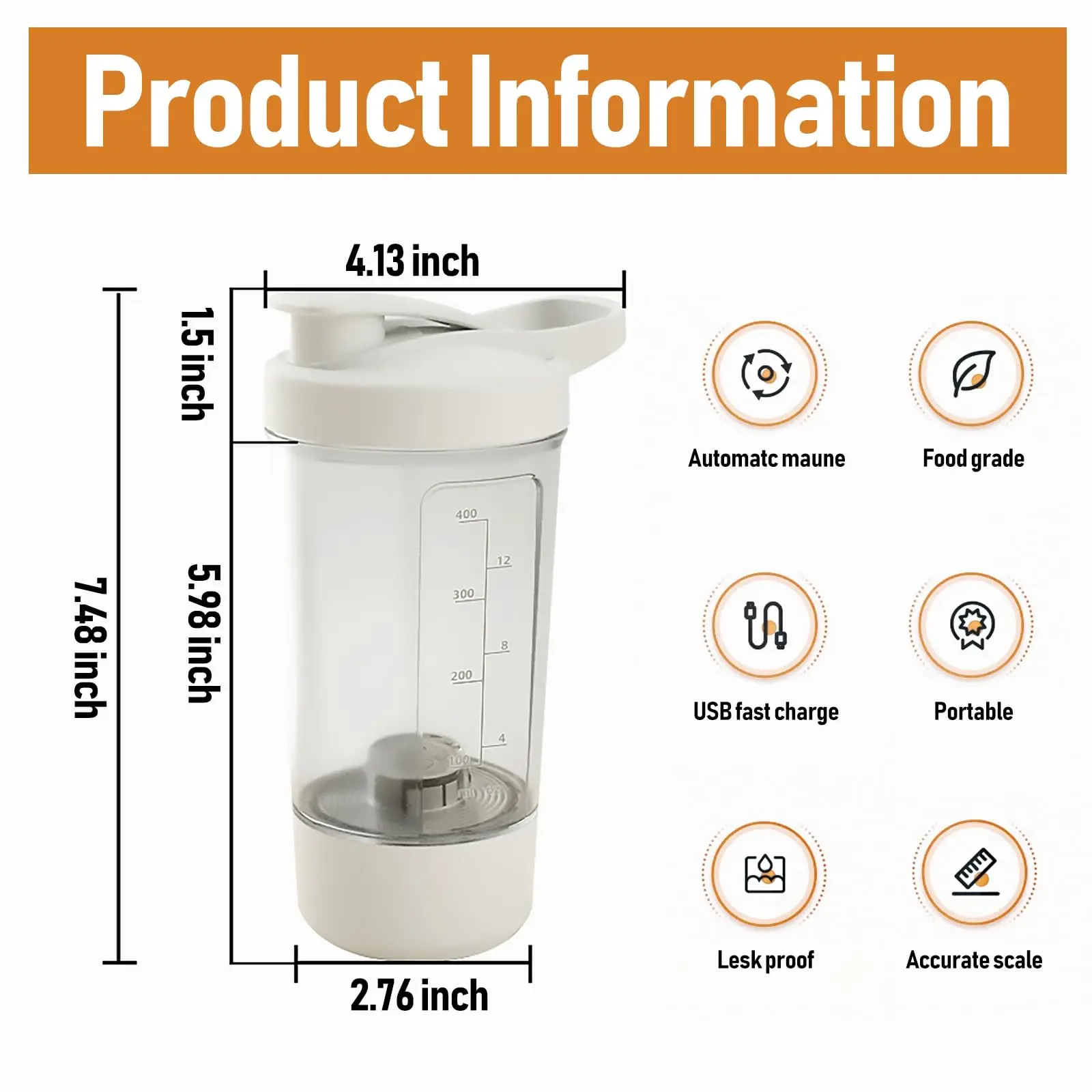 GMOX Electric Protein Shaker Bottle USB Rechargeable 400ml Clear Glass Vortex Mixer Cup with Measurement Markings White Lid