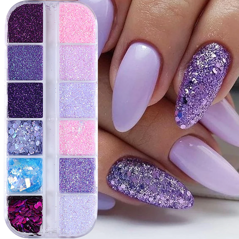 12 griglie serie viola glitter per unghie olografico zucchero scintillante polvere per unghie cuore misto scaglie esagonali decorazione manicure lucida