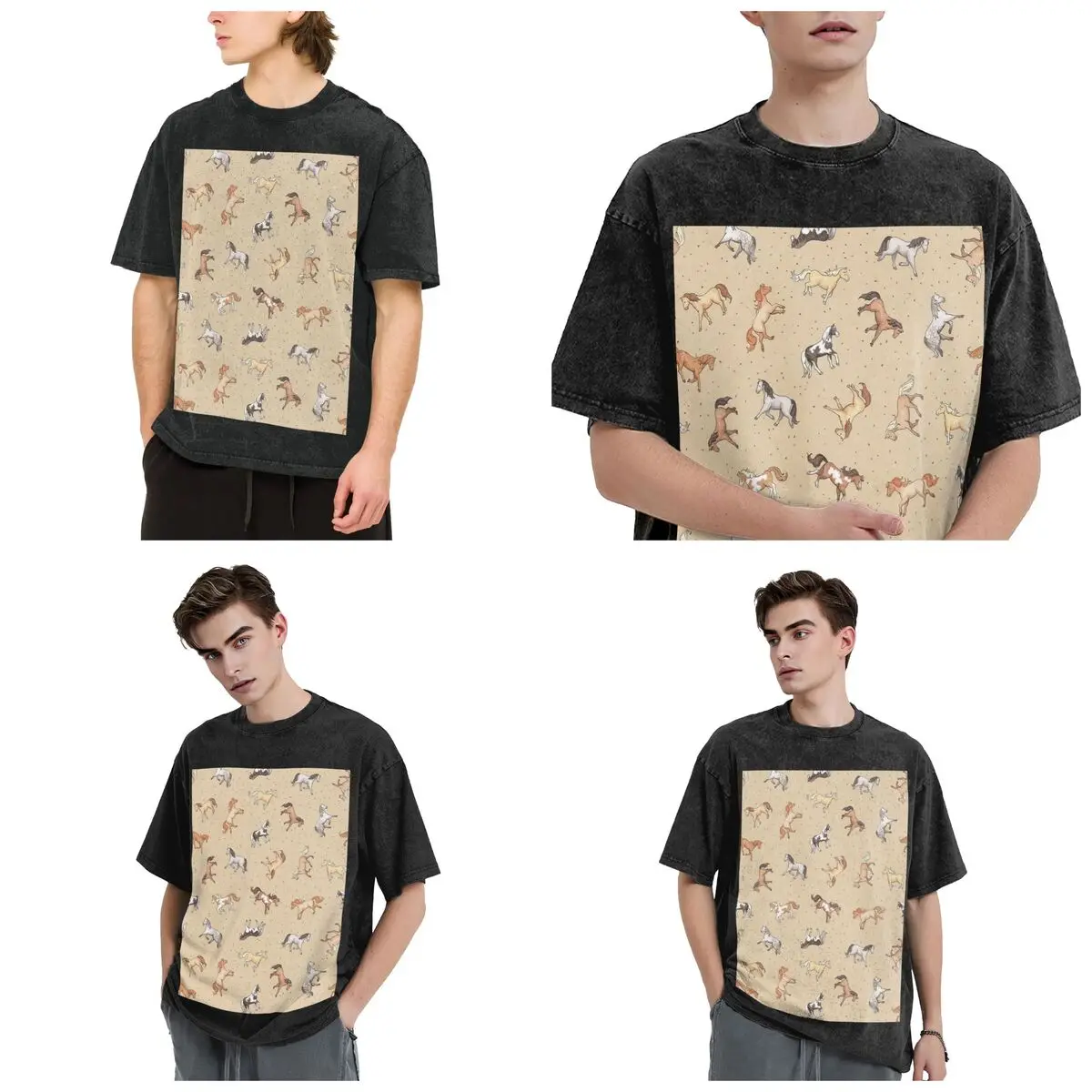Scattered Horses Spotty On Taupe Hip Hop Short Sleeve T-Shirts Washed Tops Tees Streetwear T Shirt Oversized for Men woman