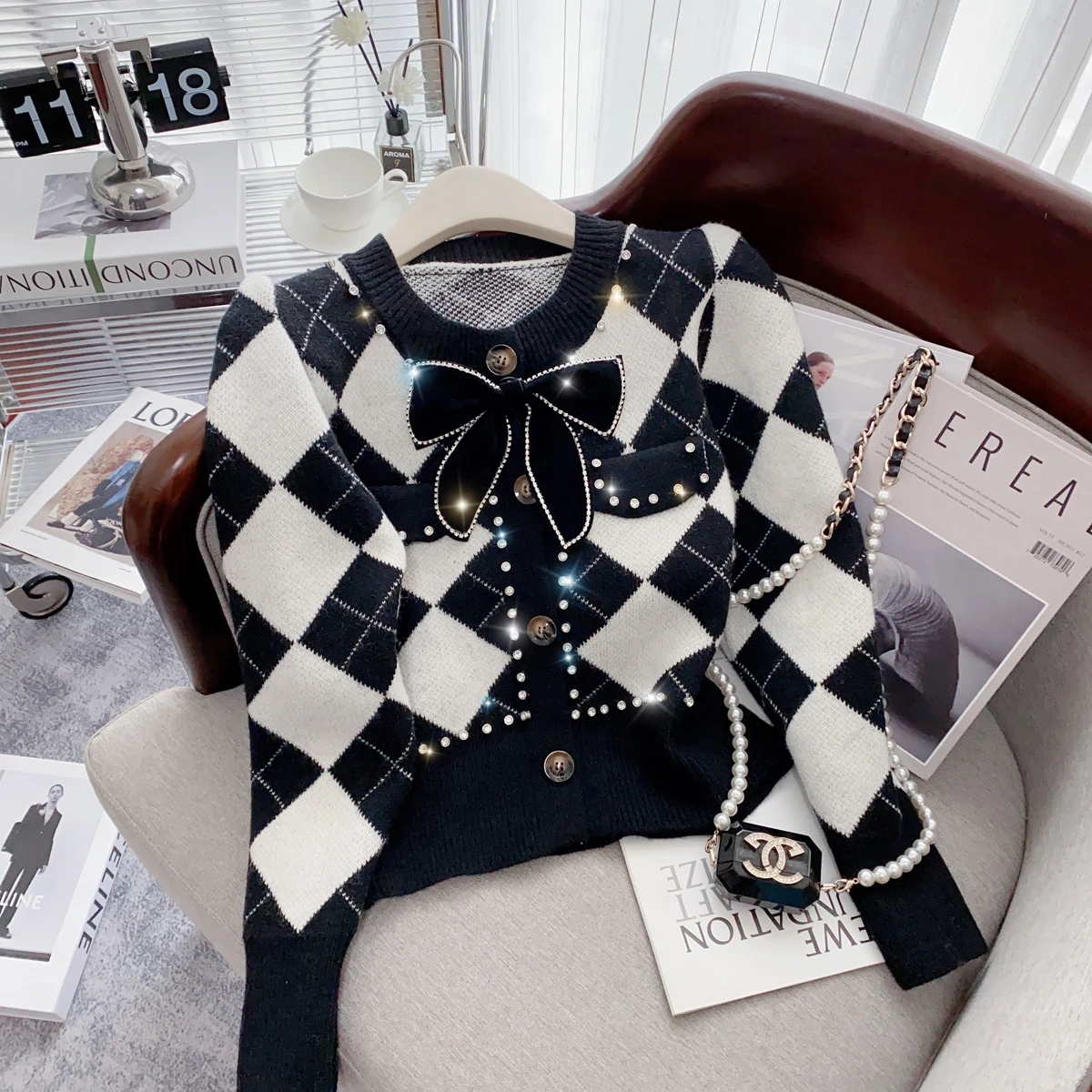 Argyle Knitted Thicken Sweater Cardigan Women 2022 Winter Bowtie Elegant Vintage Stylish Fashion Coat Jacket Long Sleeve Jumpers