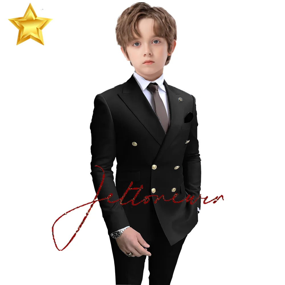 Navy Boy Party Tuxedos 2 Pieces Latest Peak Lapel Boy Suits Gold Buttons Fashion Style Suits Double Breasted