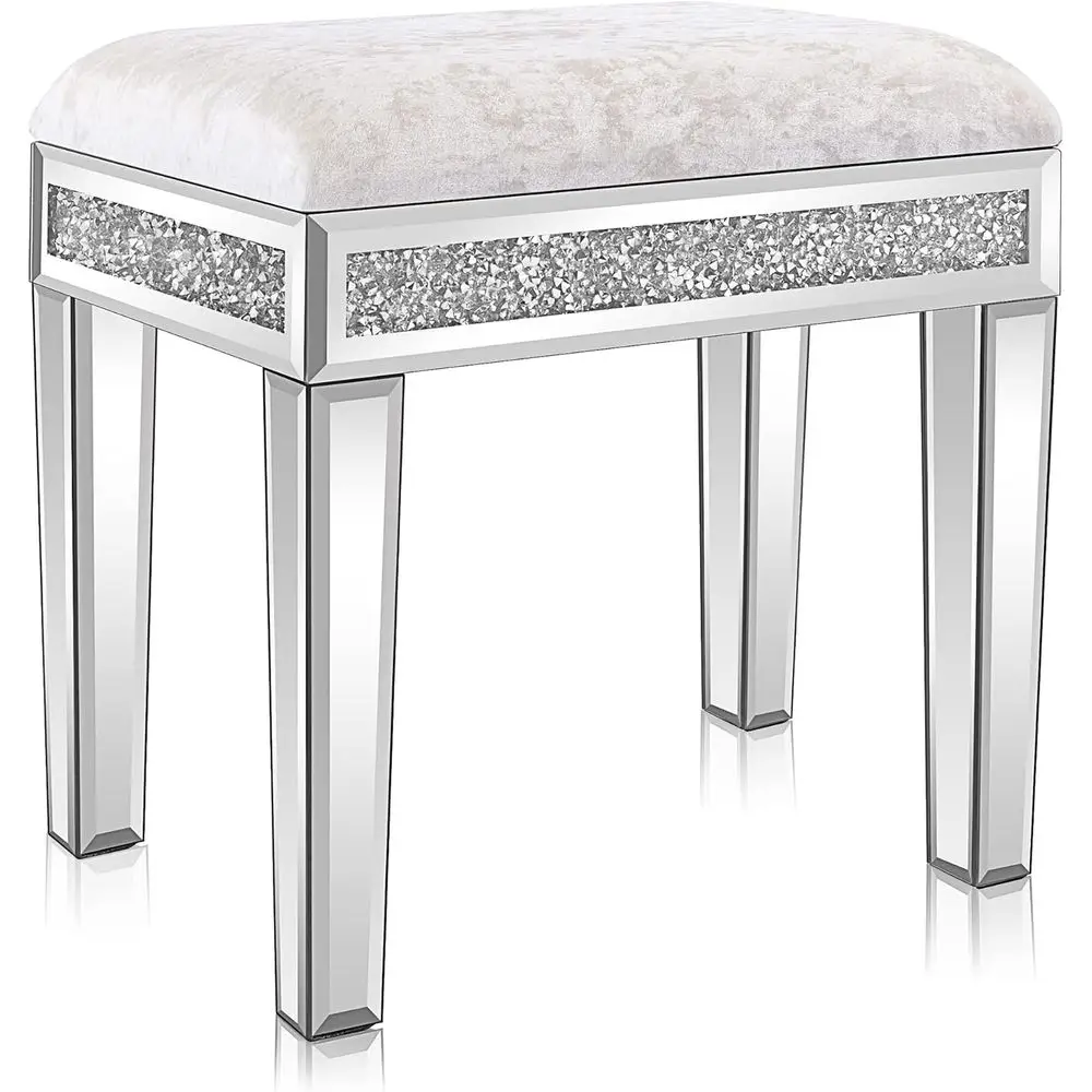 Mirrored Vanity Stool with Storage, Upholstered Velvet Ottoman, Makeup Dressing Table Bench, Silver
