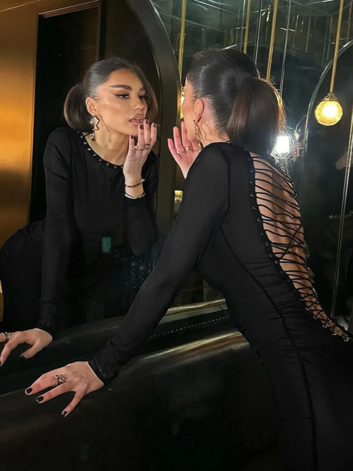 

Sexy Slim Fit Long Dr Women's High Waist Pure Desire Sle Polyester Fabric Long Sve round Ne Gown Chinese Made