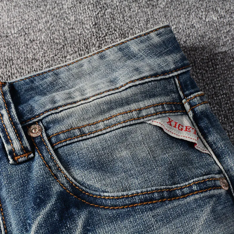 Italian Style Fashion Men Jeans High Quality Retro Washed Blue Elastic Stretch Slim Ripped Jeans Vintage Designer Denim Pants