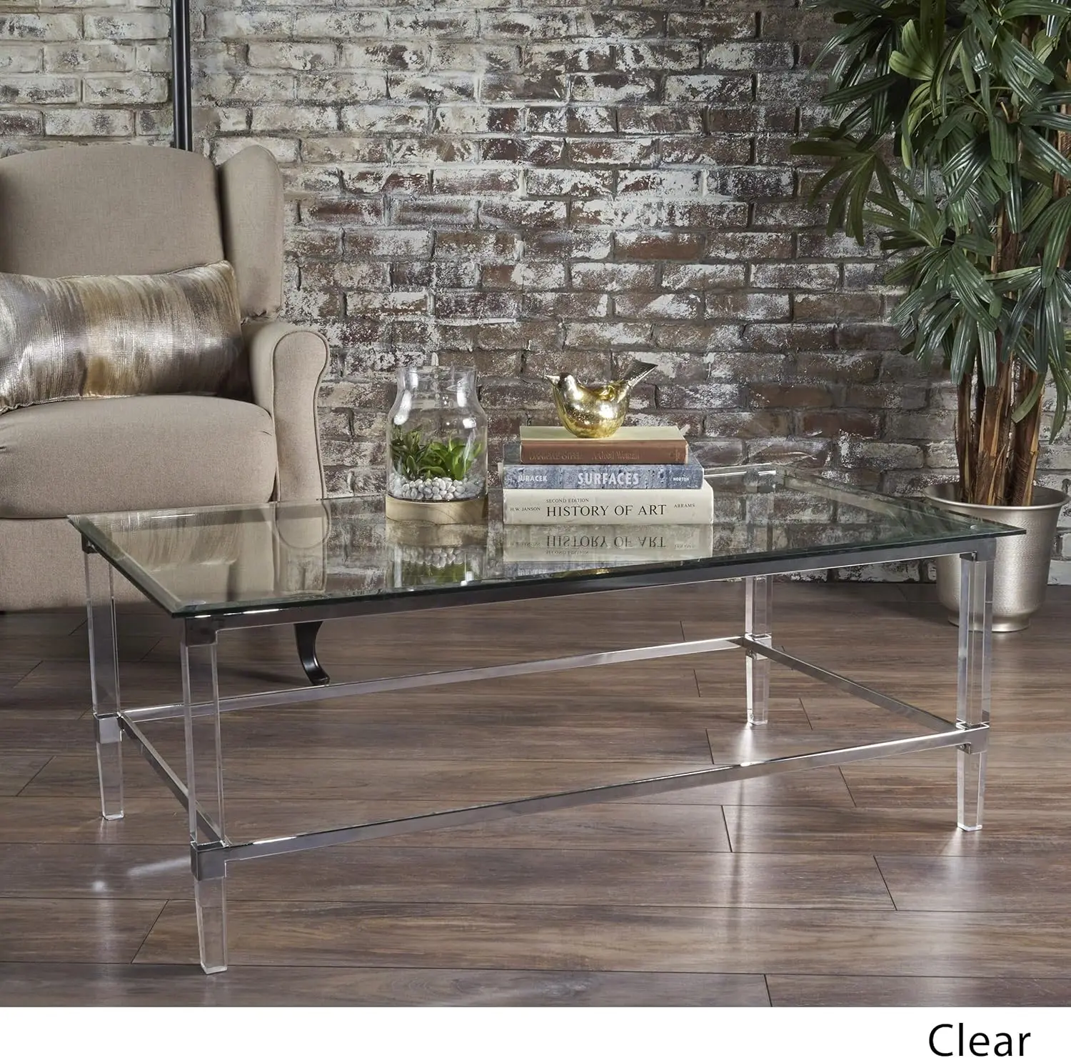 طاولة قهوة مستطيلة من الزجاج المقسى الحديث من بايلا مع لمسات أكريليك وحديد، شفافة، 26 بوصة × 48 بوصة × 18 بوصة