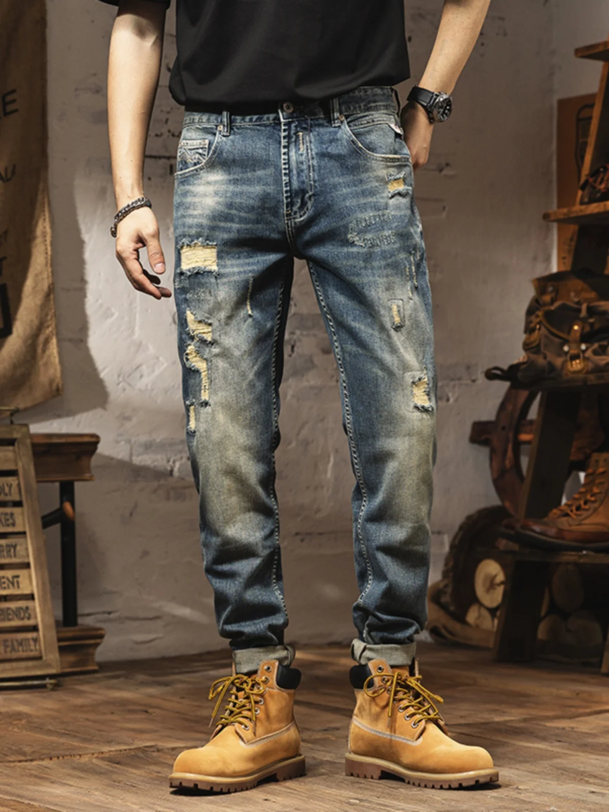 

High-End Retro Waed Ripped American Sle Straight Leg Casual Jeans Men's Slim Fit Jeans Youthful Trend Cotton Stretch Denim