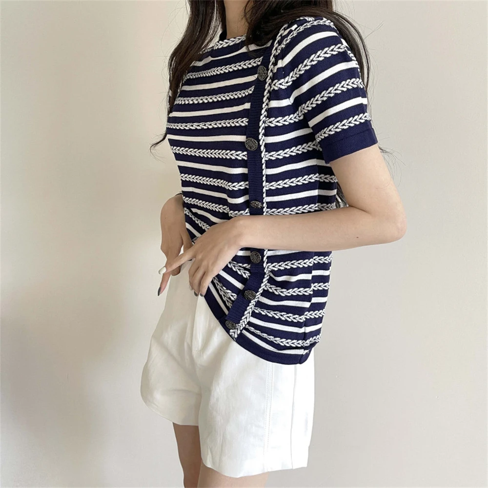 PLAMTEE Summer Retro T-Shirts Sweaters Women Knitwear Office Wear Stripes Hot Stylish 2022 Chic Work Wear Short Sleeves Jumpers