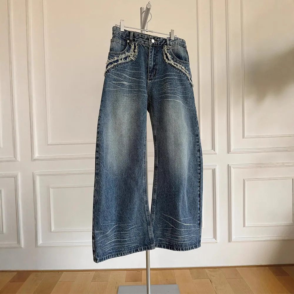 Pantaloni in denim da donna retrò americani Jeans a gamba larga sfilacciati a vita alta Pantaloni casual traspiranti larghi versatili per il tempo libero