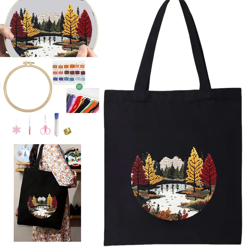 Mountains, rivers and lakes Bag Embroidery Starter Kit DIY kit Set for Beginner Sewing Art Craft Painting