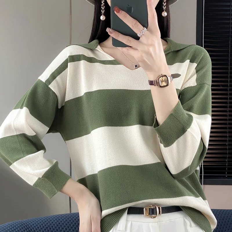 Spring Summer New Woman 100% Cotton Sweater V-neck 3/4 Sleeve Color Stripe Pullover Loose Casual Knit Bottoming Sweater Tops