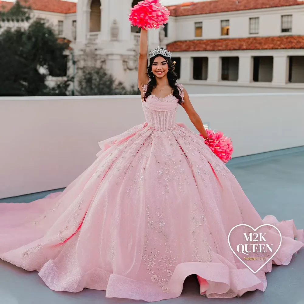 Pink Quinceanera Dresses Ball Gown Sweetheart Appliques Sparkly Sweet 16 Dresses 15 Años Mexican Customized