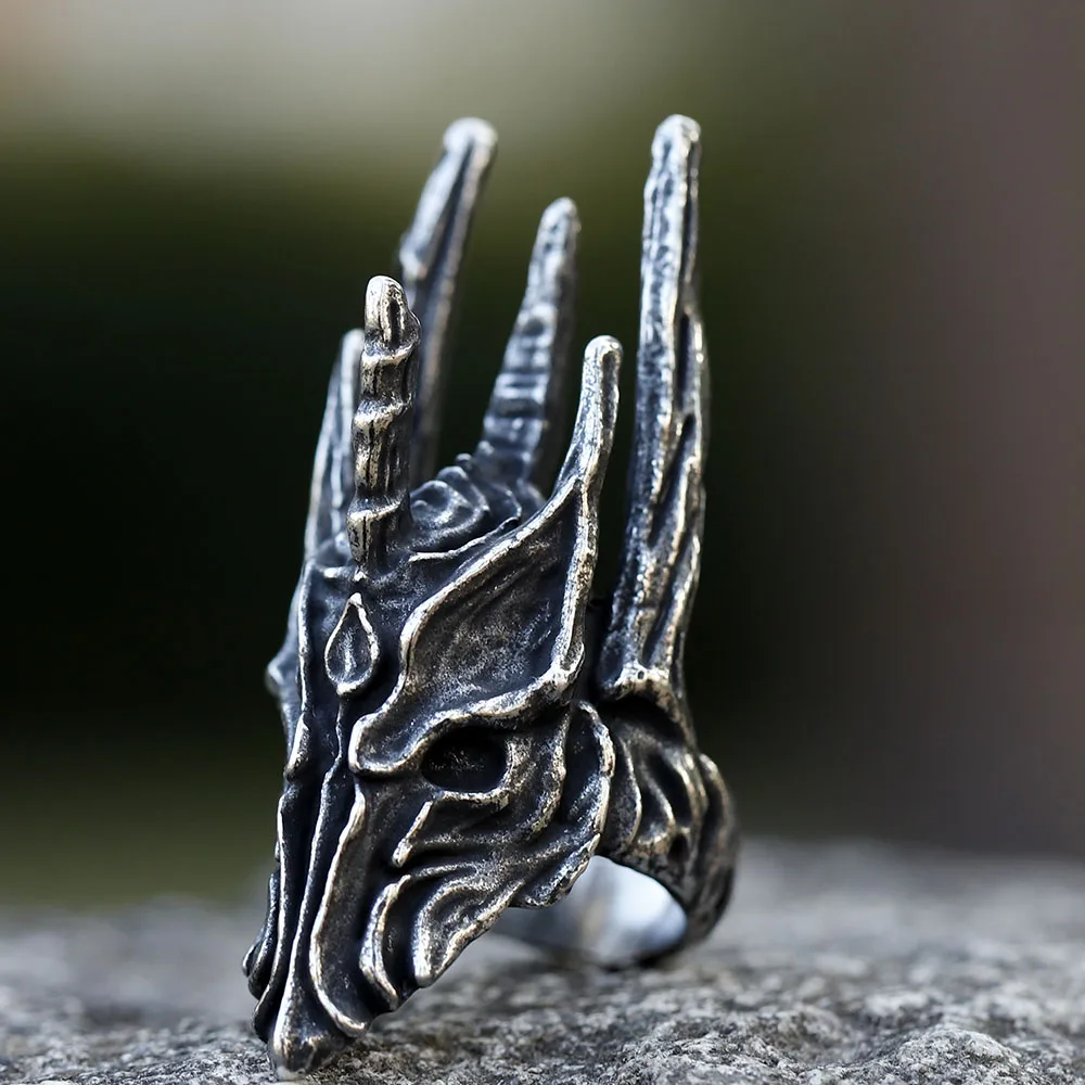 Vintage Black Helm of Sauron Stainless Steel Ring for Men Punk Gothic Dragon Rings for Men Birthday Party Jewelry