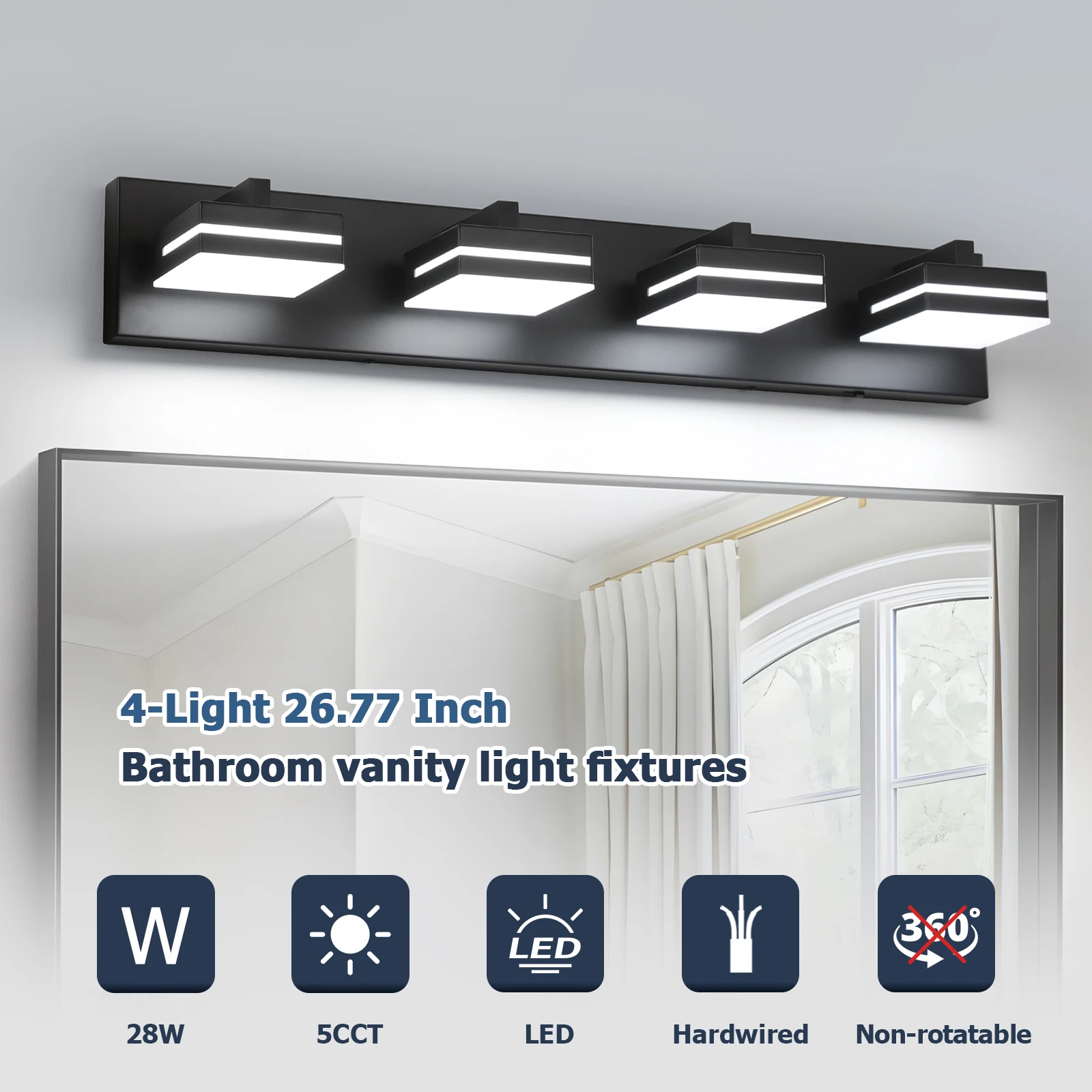 Luz de vaidade LED, temperatura de 5 cores ajustável, feita de metal e acrílico, com fio rígido, adequada para iluminação de banheiro