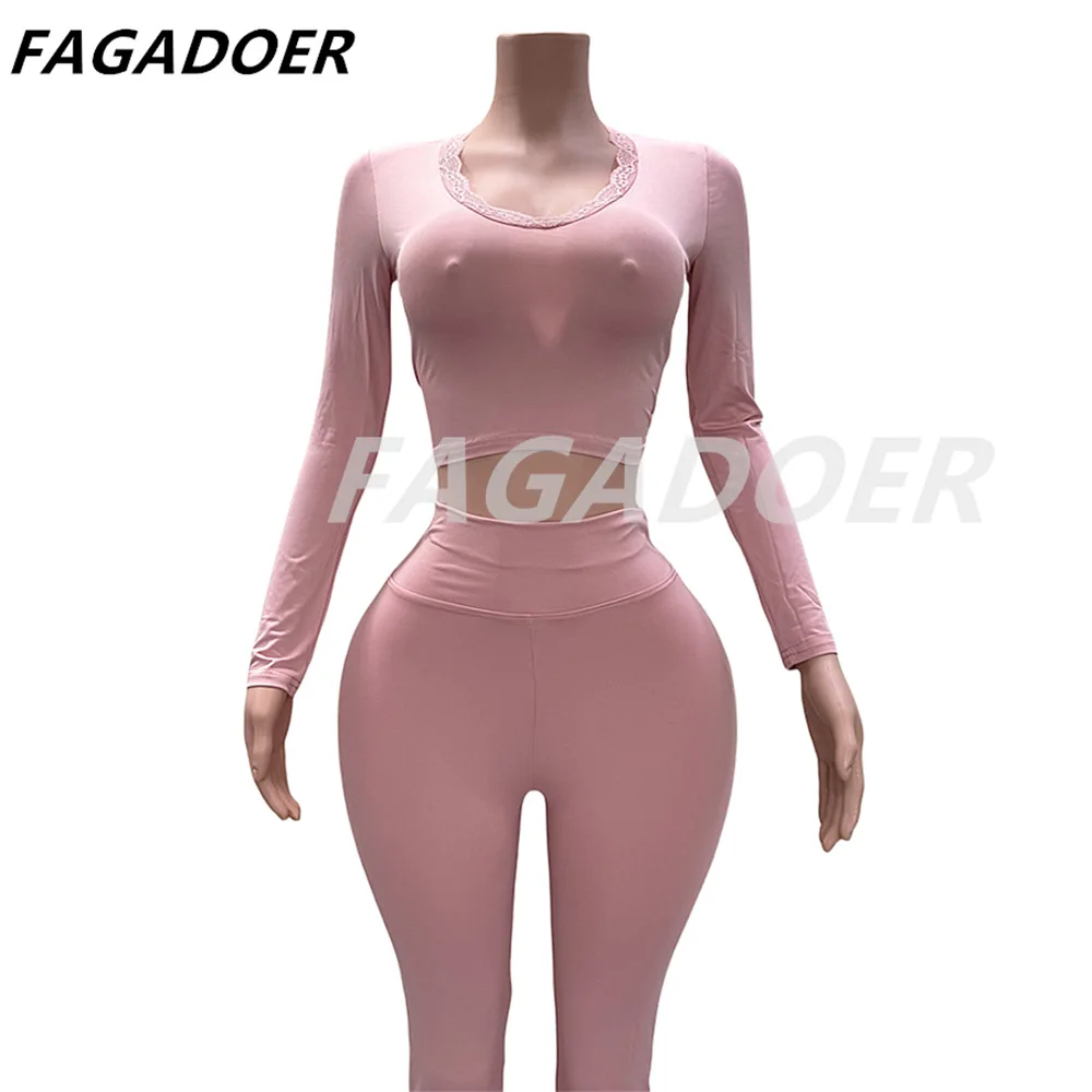 FAGADOER Autumn New Lace Splicing Home Two Piece Sets For Women Round Neck Long Sleeve Crop Top And Skinny Pants Outfits 2024