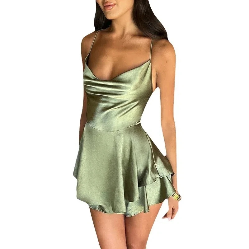 夏の新しいファッショナブルでセクシーなスリムフィット気質サスペンダーサテンバックレスストラップ A リストドレス女性のための 240