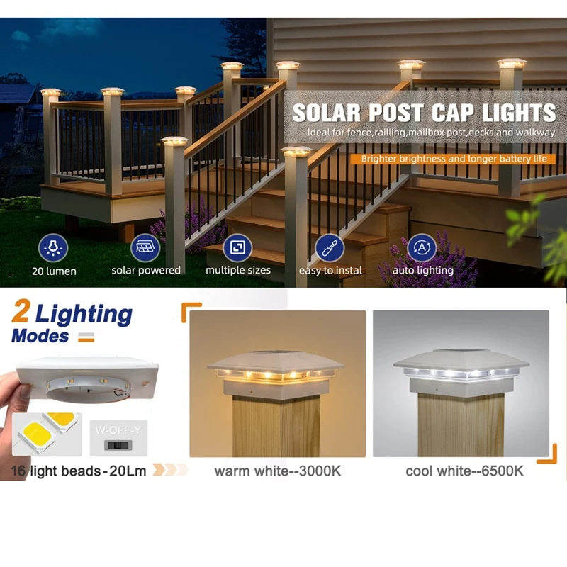 4 Pack Solar Post Cap Lights Outdoor, 16 LEDs Fence Post Solar Lights Outdoor Waterproof, Deck Fence Cap Light-ABFB view 4