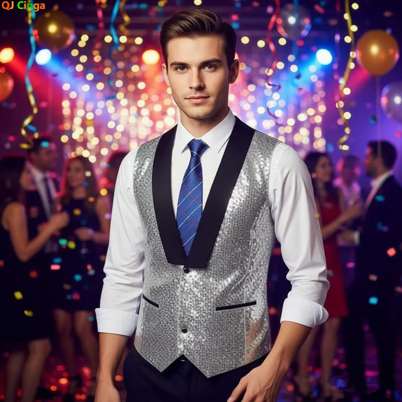

Men's Gold Sleeveless Vest with Shiny Round Sequins; Perfect for Weddings, Parties, DJ Events, Nightclubs. Black or Silver Vests