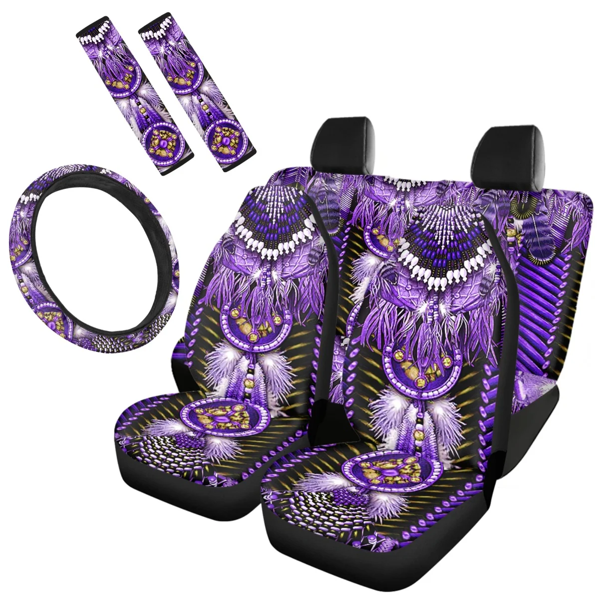 Front Back Auto Seat Covers Tribal Dream Catcher Print Car Steering Wheel Cover for Women Men Full Set Easy to Install Seat Belt