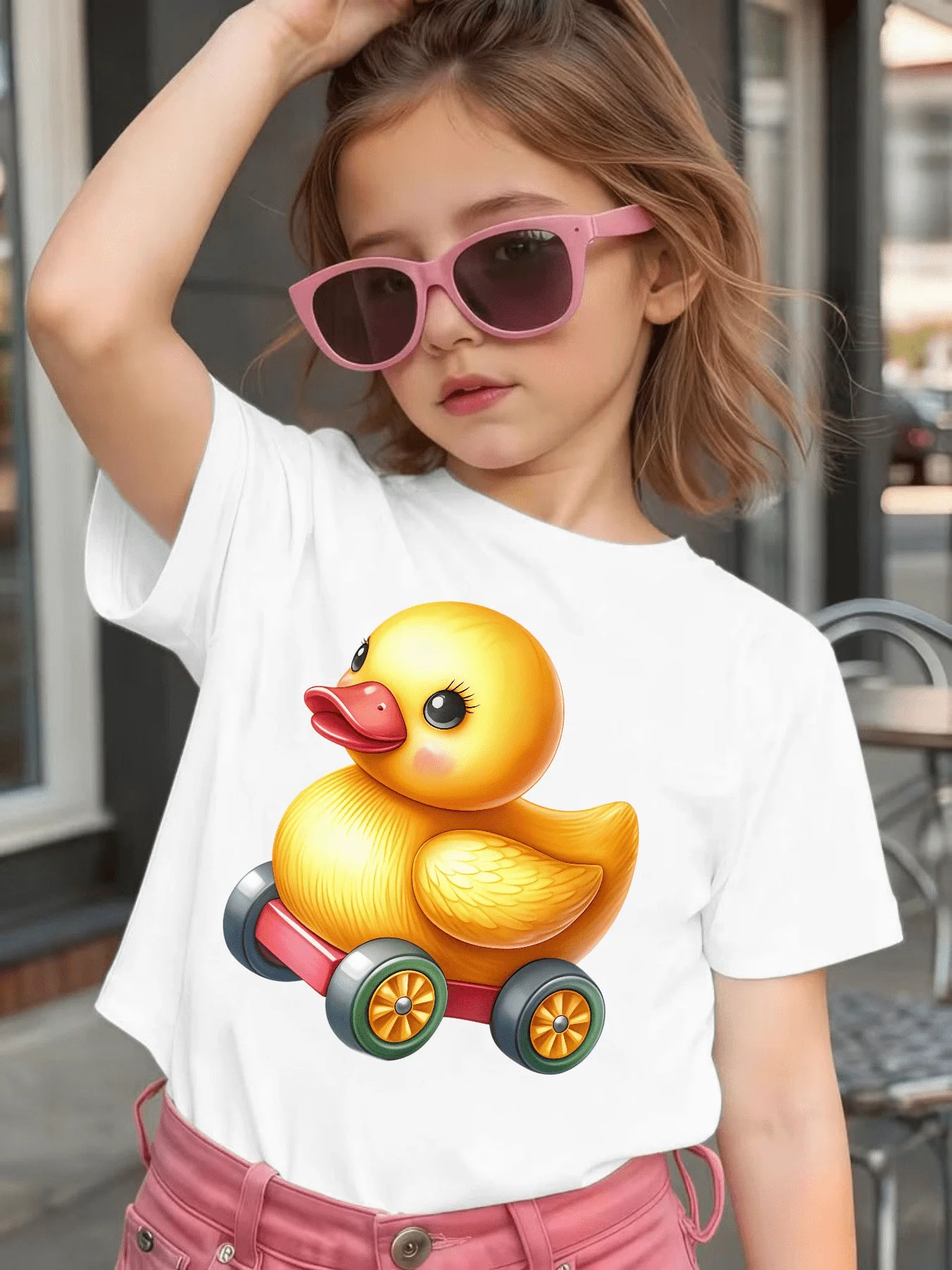 Cartoon Wheel Yellow Duck Print Kids T Shirt Cotton Short Sleeve Boys Girls Parent Child Matching Lovely Summer Daily Casual Tee
