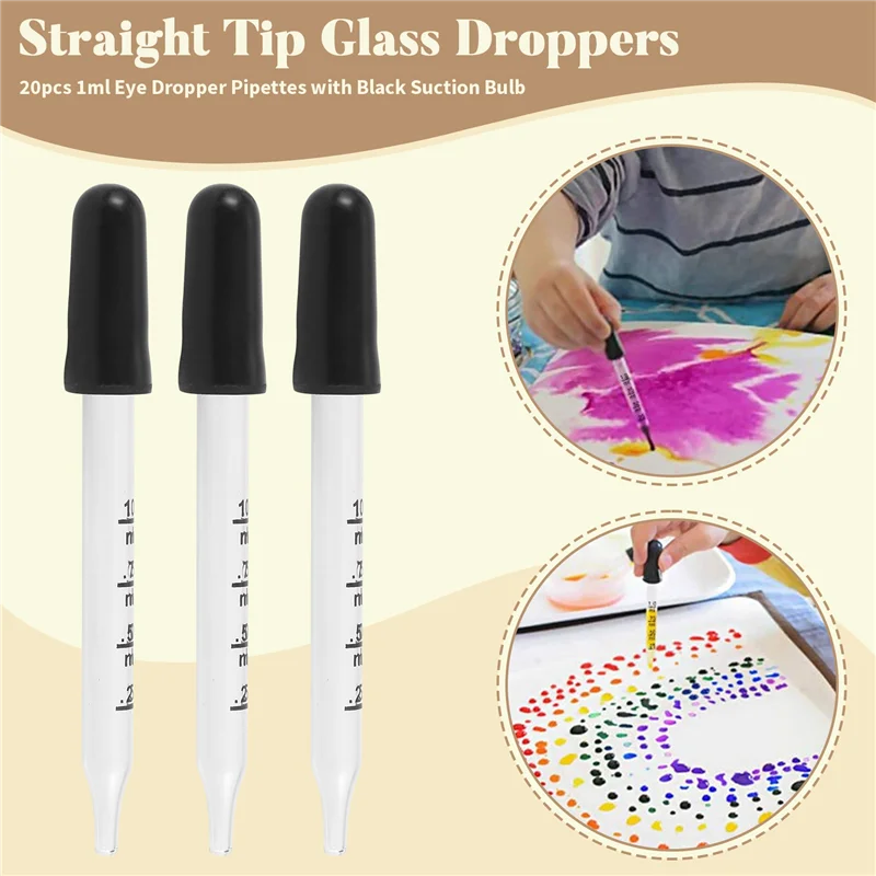 ABGR-20Pcs goteros líquidos de vidrio de 1Ml, pipetas cuentagotas con bombilla de succión negra, para maquillaje líquido artístico, estilo de punta recta