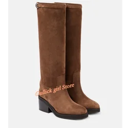 Block Heel Round Toe Knee High Boots Brown Suede Slip On Fashion 2024 Winter Autumn New Arrivls Dress Shoes Chunky Heel Strap