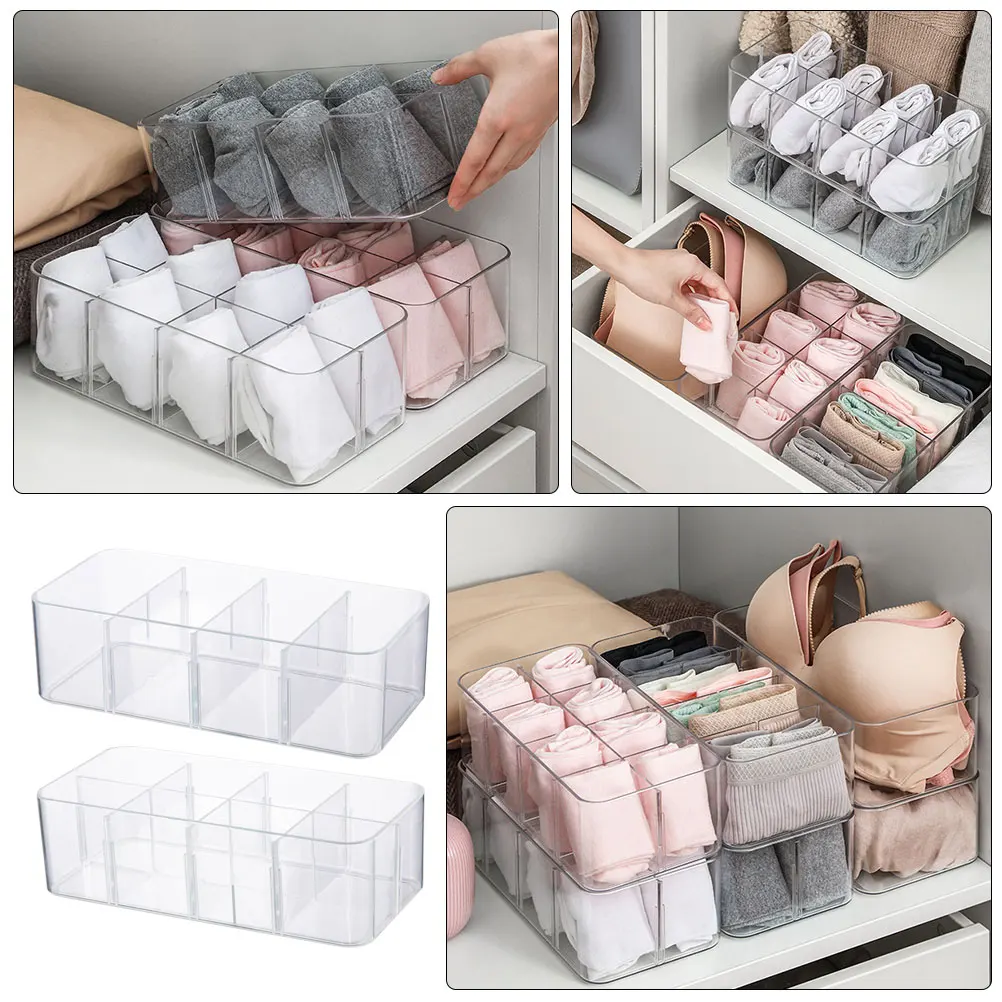 

2pcs Underwear Storage Box Bra Organizer Sock Holder Multiple Grids Transparent Storage Tray Home Space Saving Divider For Small
