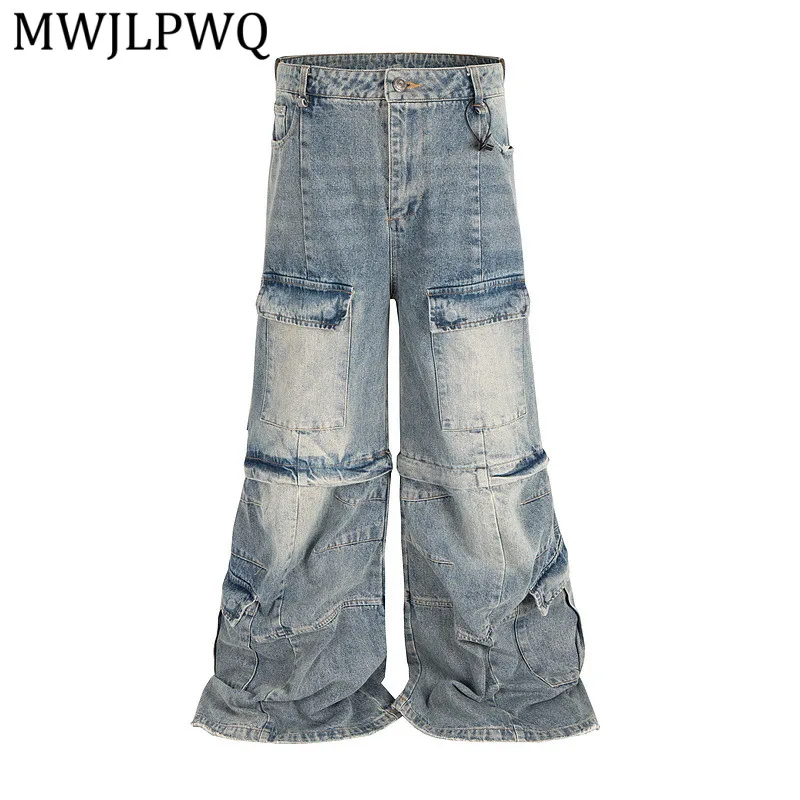 

MWJLPWQ Unique Design Disassembled Vintage Cargo Pants Men Washed Multi-Pocket Detachable Two-Way Flared Unisex Trousers 14590