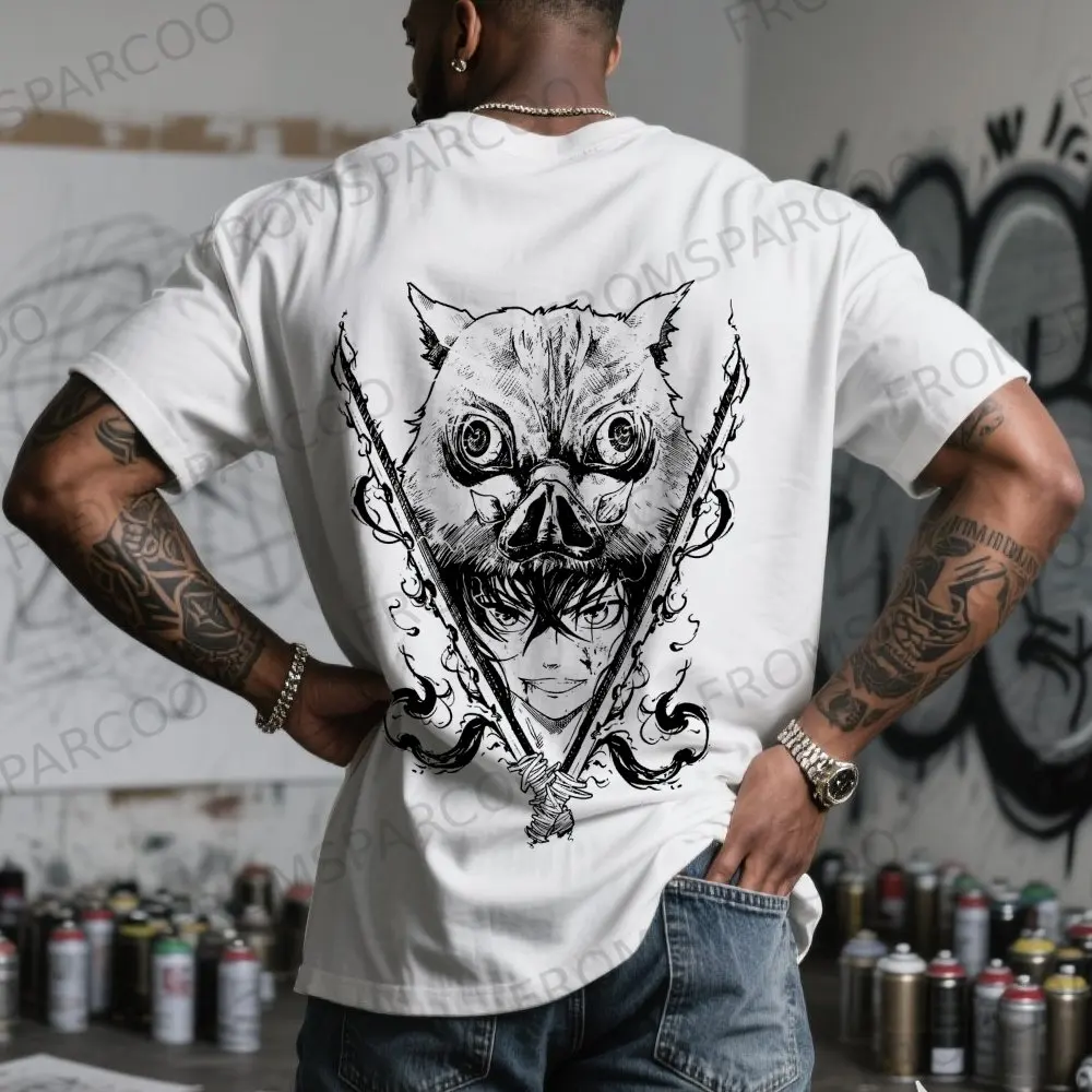 Sparcoo メンズ グラフィック T シャツ 激しい猫 アニメ スタイル パターン クロスナイフ付き 2025 夏 半袖 コットン