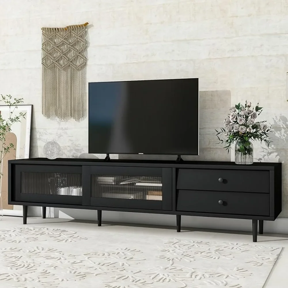 

for 75 Inch Tv Stand Living Room Furniture Media Console Table Entertainment Center Storage Slanted Drawers Black Freight Free