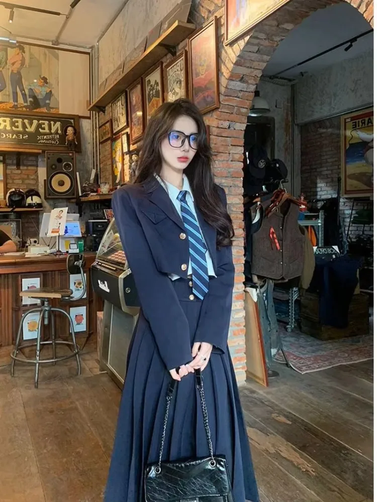 Insozkdg Uniform Blazer Sets Women Spring Autumn New Korean Academy Style Pleated Skirt School Uniform Blazer Three-Piece Set