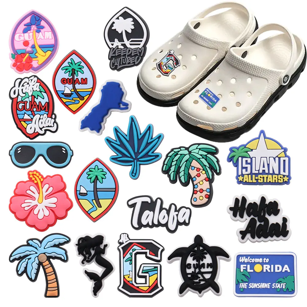 Sell Retail 1-18pcs PVC Shoe Charms Coconut Tree Sunshine Beach Accessories Shoes Buckle Decorations For Kids Party Presents