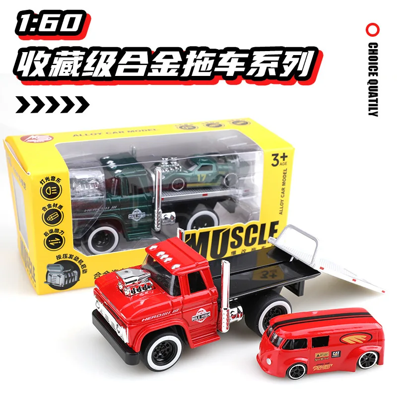 1:60 American MUSCLE TRAILER aleación Diecast coche modelo juguetes sonido luz tirar hacia atrás cuerpo de Metal neumáticos de goma remolque juguetes niños regalos