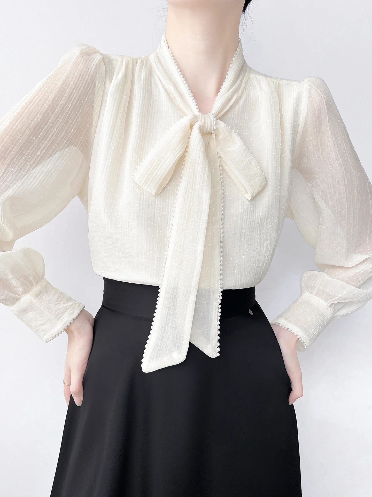 

Korean Sle Long Sve Commute irt Women's Pearl Decorated Glossy Chiffon Top Knot Sa Breathable Skin-Friendly