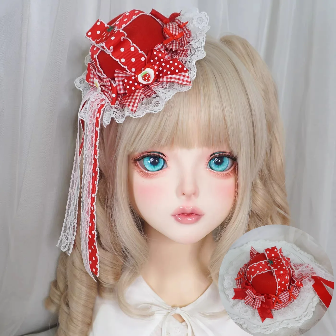 

Original Handmade Lolita Harajuku Strawberry Top Women Sweet Red Miniature Hat KC Cute Polka Dot Lace Bow Headpiece