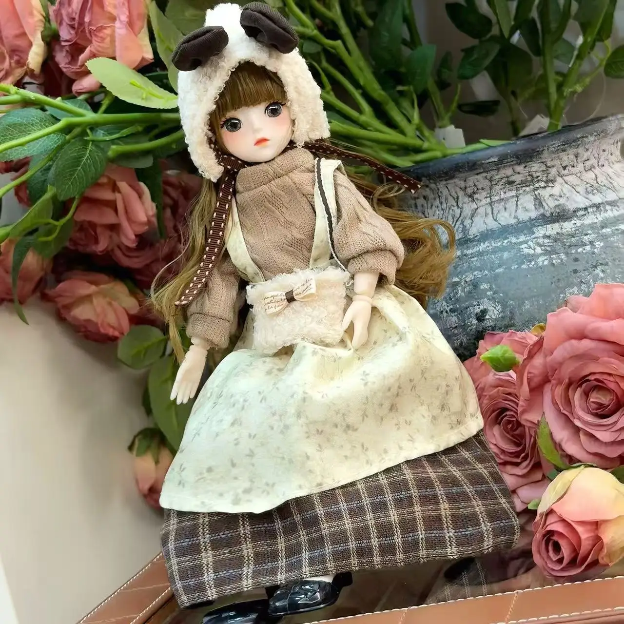 

New Hot-selling Cute Doll Clothes Suit Simple All-match Denim Plaid Overalls All-match Solid Color Temperament Dress