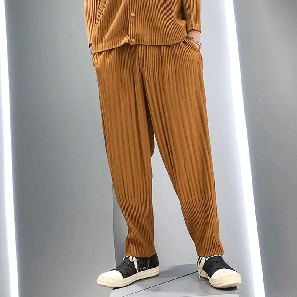 Miyake Pleated Lantern Trousers Men's 2025 Summer Fold Harlequin Trousers Loose Casual Versatile Pleat Nine-minute Trousers Tide