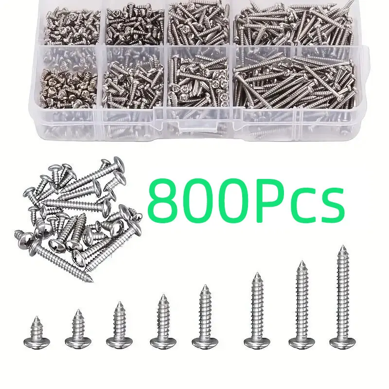 

800PCS Boxed Metric M2 Carbon Steel Nickel-Plated Pan Head Phillips Self-Tapping Screw Assortment